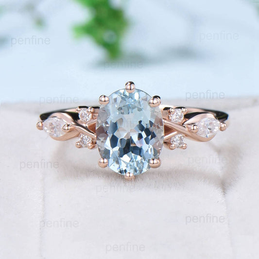 2 Carat Aquamarine Engagement Ring Vintage Aquamarine Diamonds Wedding Ring Unique 14K Rose Gold March Birthstone Promise Ring For Women - PENFINE