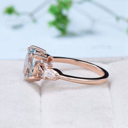 2 Carat Aquamarine Engagement Ring Vintage Aquamarine Diamonds Wedding Ring Unique 14K Rose Gold March Birthstone Promise Ring For Women - PENFINE