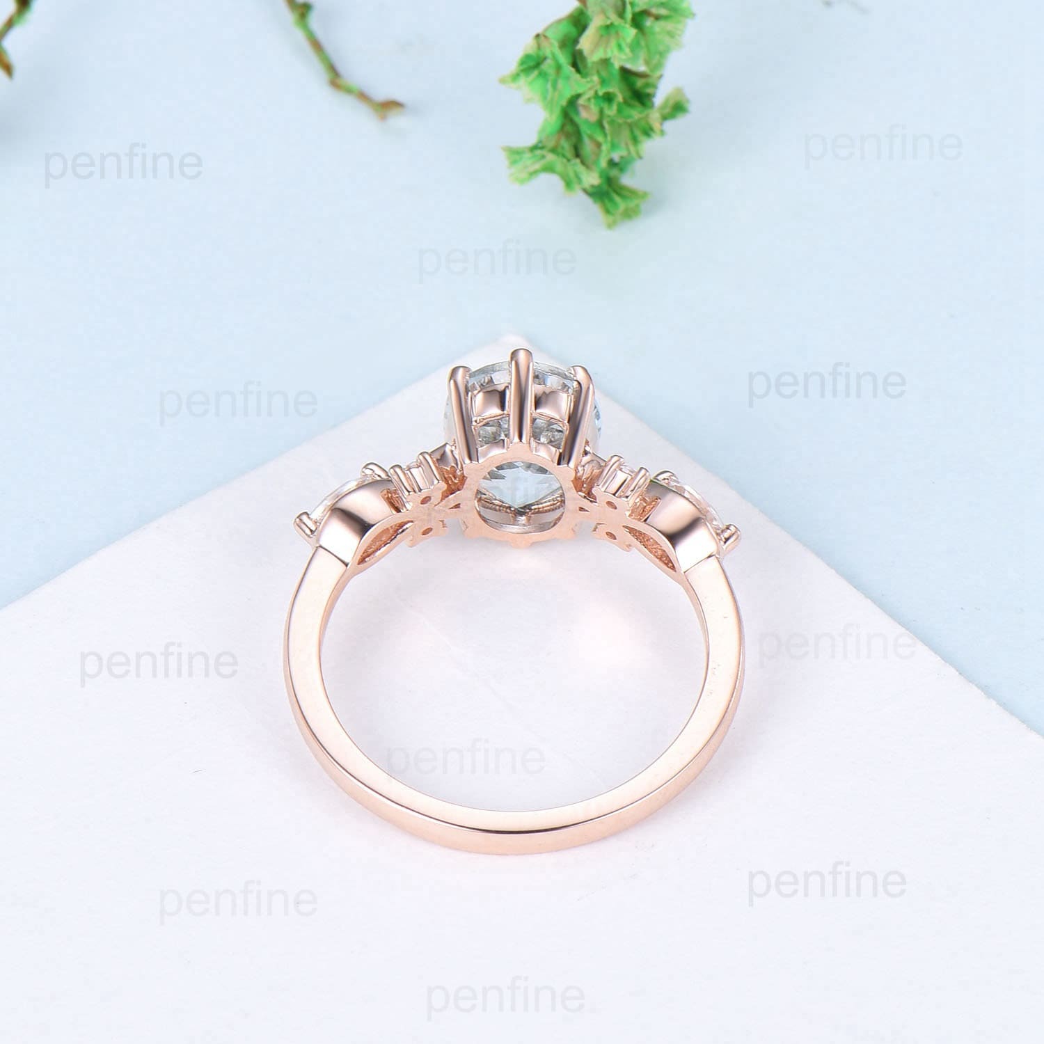 2 Carat Aquamarine Engagement Ring Vintage Aquamarine Diamonds Wedding Ring Unique 14K Rose Gold March Birthstone Promise Ring For Women - PENFINE