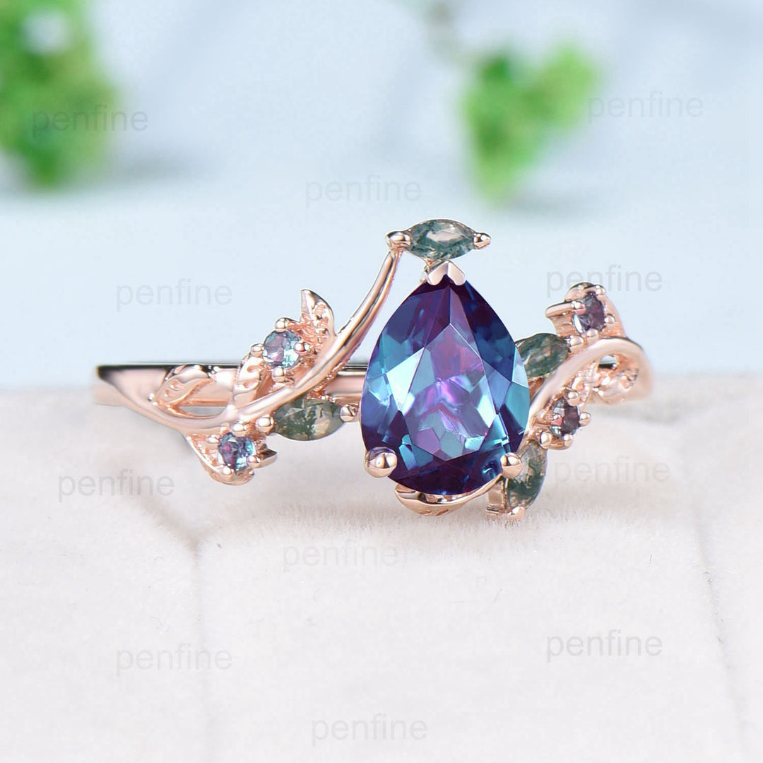 Vintage Pear Shaped Alexandrite Engagement Ring Natural inspired Color Change Ring Leaf vine marquise moss agate Wedding anniversary ring - PENFINE