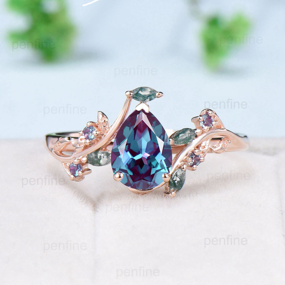 Vintage Pear Shaped Alexandrite Engagement Ring Natural inspired Color Change Ring Leaf vine marquise moss agate Wedding anniversary ring - PENFINE