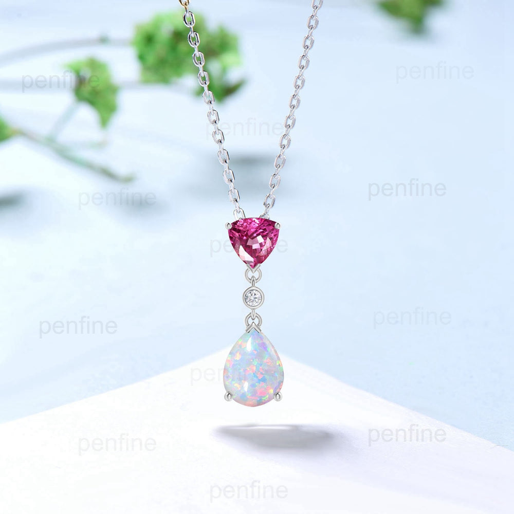 Minimalist Opal Ruby Pendant Necklace Vintage Lab trillion Ruby Necklace Pear Shaped Fire Opal Pendant Solitaire Simple Necklace For Women - PENFINE