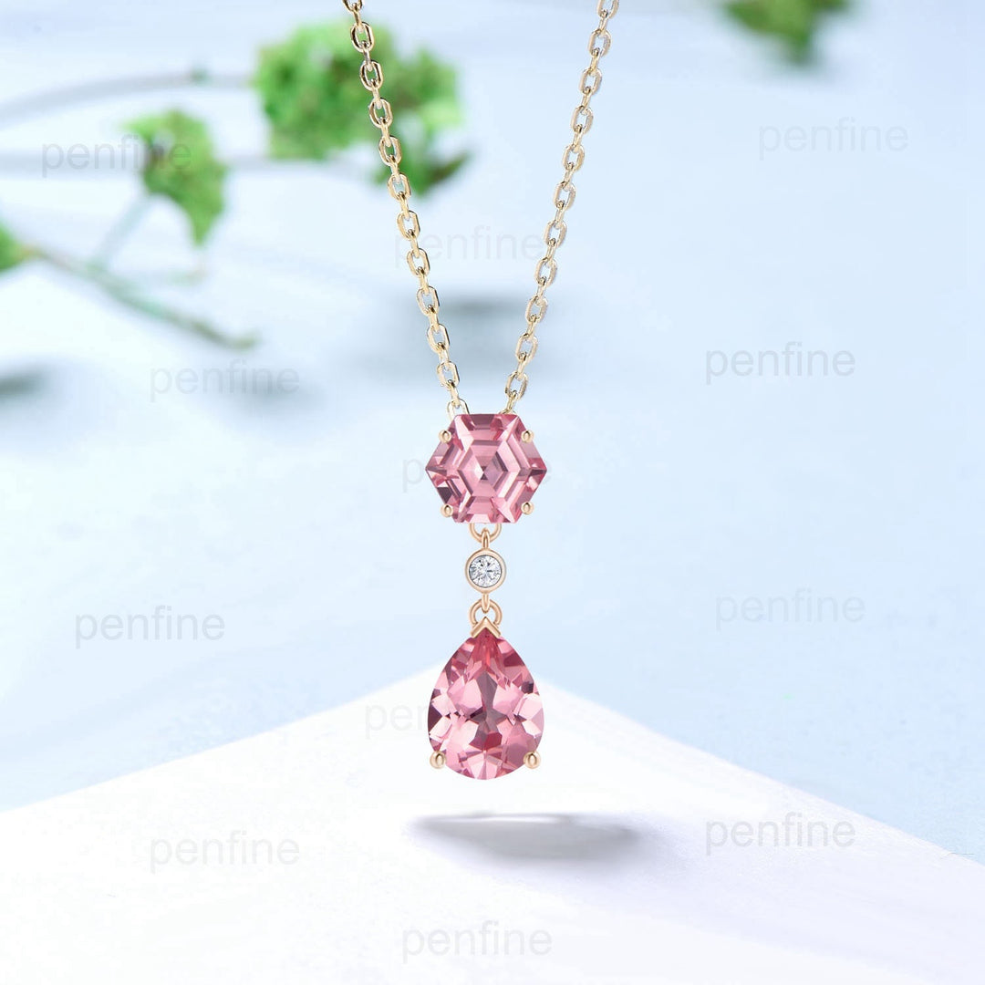 Hexagon Cut Padparadscha Sapphire Pendant Necklace Minimalist Pear