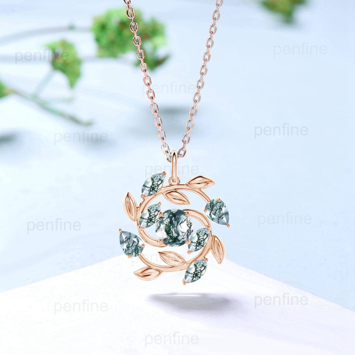 5mm Round Nature Inspired Moss Agate Necklace Unique Marquise and Pear Green Agate Necklace Flower Pendant Snowflake Anniversary gift women - PENFINE