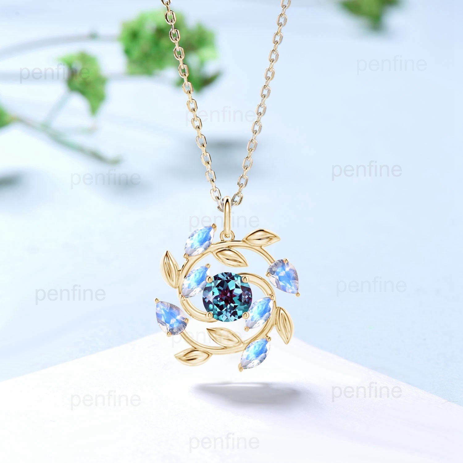 Unique Nature Inspired Alexandrite Necklace Vintage Marquise and Pear Rainbow Blue Moonstone Necklace Snowflake Pendant Anniversary gift - PENFINE