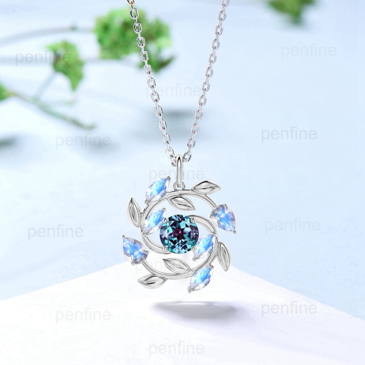 Unique Nature Inspired Alexandrite Necklace Vintage Marquise and Pear Rainbow Blue Moonstone Necklace Snowflake Pendant Anniversary gift - PENFINE