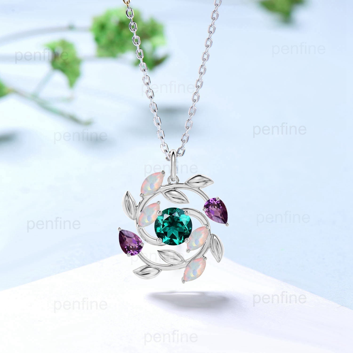 5mm Round Nature Inspired Emerald Necklace Unique Marquise White Opal Pear Amethyst Necklace Flower Pendant Snowflake Anniversary gift women - PENFINE