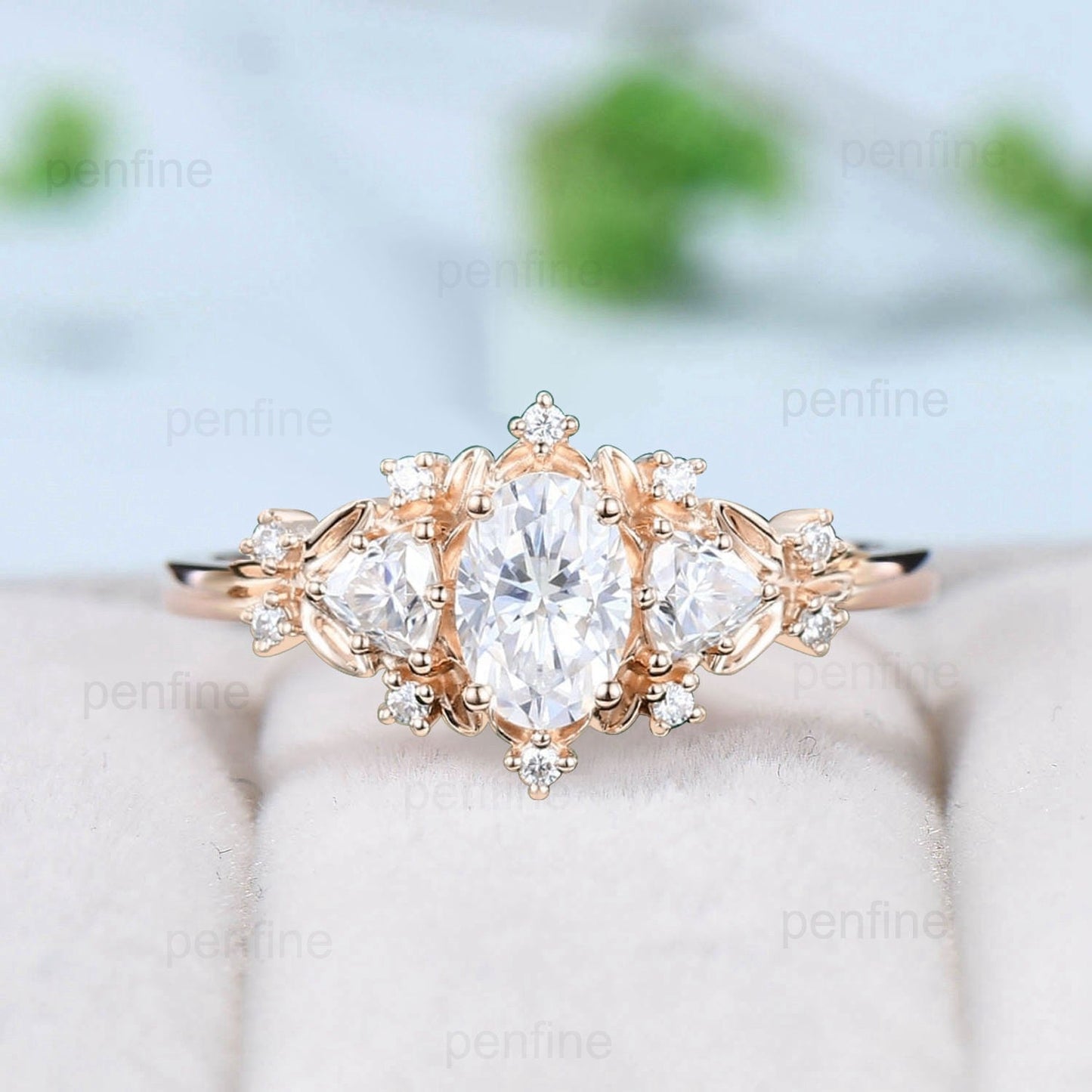 Vintage Oval Moissanite Ring 14K Yellow Gold 1 carat moissanite Leaf Engagement Ring Cluster Trillion Cut Moissanite Fancy Wedding Ring - PENFINE