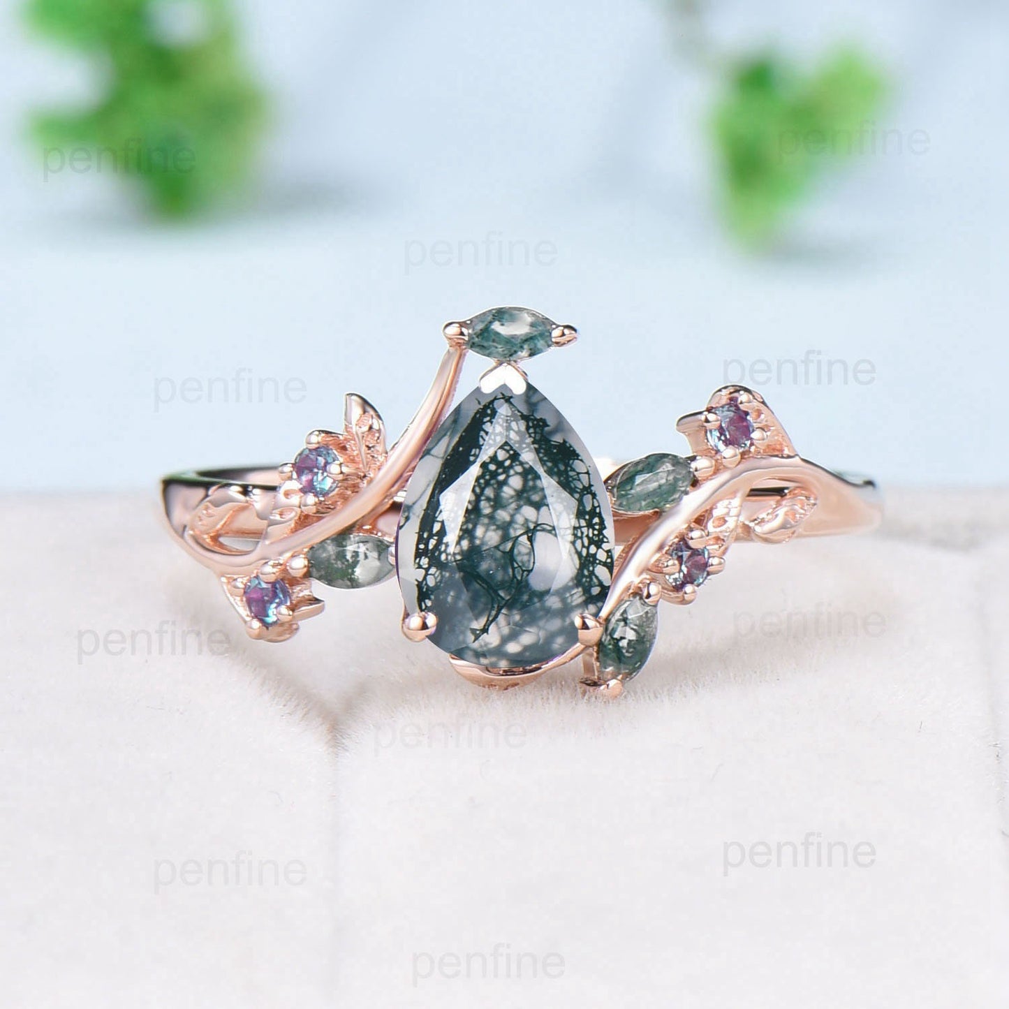 Vintage Pear Shaped Moss Agate Engagement Ring Natural inspired Green Agate Ring Leaf vine alexandrite Wedding anniversary ring women - PENFINE