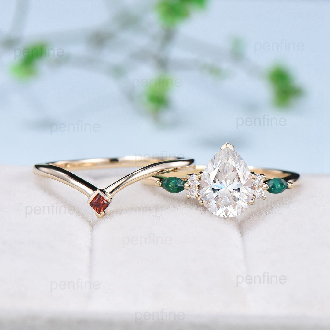 2.5 carat Pear Shaped Moissanite Ring Set vintage 8x10mm teardrop moissanite engagement ring set Cluster emerald garnet band bridal set - PENFINE