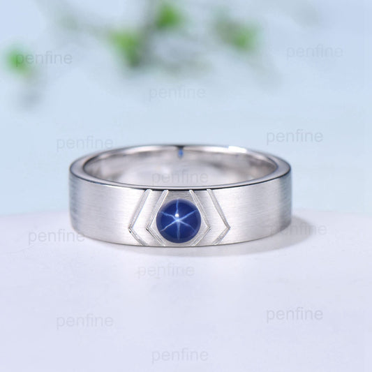 6mm Men's star Sapphire Ring Retro Brushed Finished Solitaire Wedding Band Silver 14K Solid White Gold  Unique Matching Band Gift For Men - PENFINE