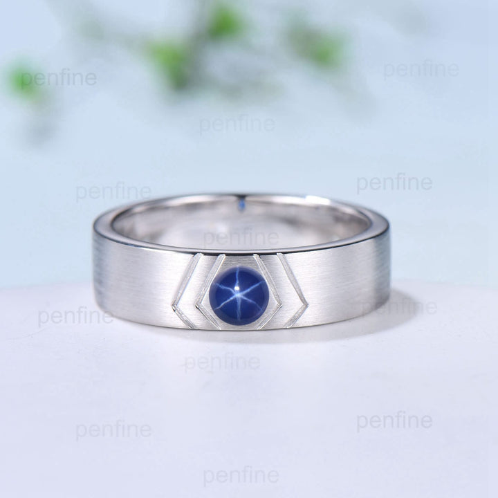 6mm Men's star Sapphire Ring Retro Brushed Finished Solitaire Wedding Band Silver 14K Solid White Gold  Unique Matching Band Gift For Men - PENFINE