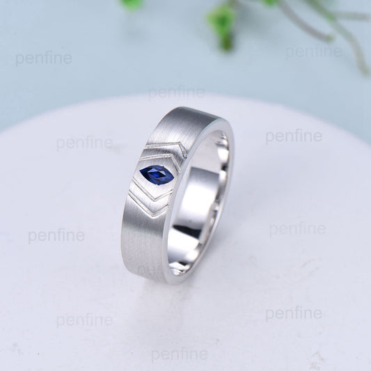 6mm Men's Marquise Cut Sapphire Ring Vintage Brushed Finished Solitaire Wedding Band Silver 14K Solid White Gold Unique Stacking Band Men - PENFINE