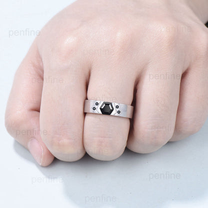 6mm Men's Wedding Ring Retro 1 carat Black Onyx Brushed Finished Solitaire Wedding Band Silver 14K Solid White Gold Unique Birthday Gift Men - PENFINE