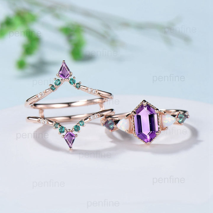 Vintage long hexagon amethyst engagement ring set unique triangle fire opal kite alexandrite wedding ring set double curved v emerald band - PENFINE