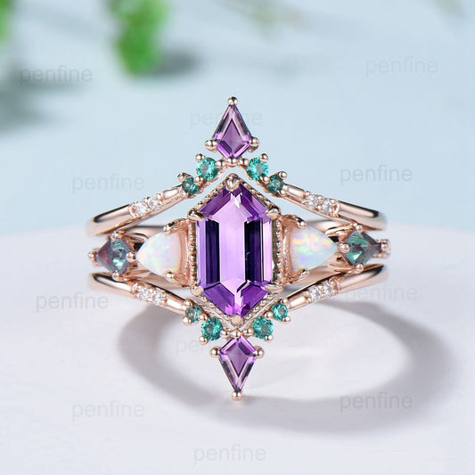 Vintage long hexagon amethyst engagement ring set unique triangle fire opal kite alexandrite wedding ring set double curved v emerald band - PENFINE
