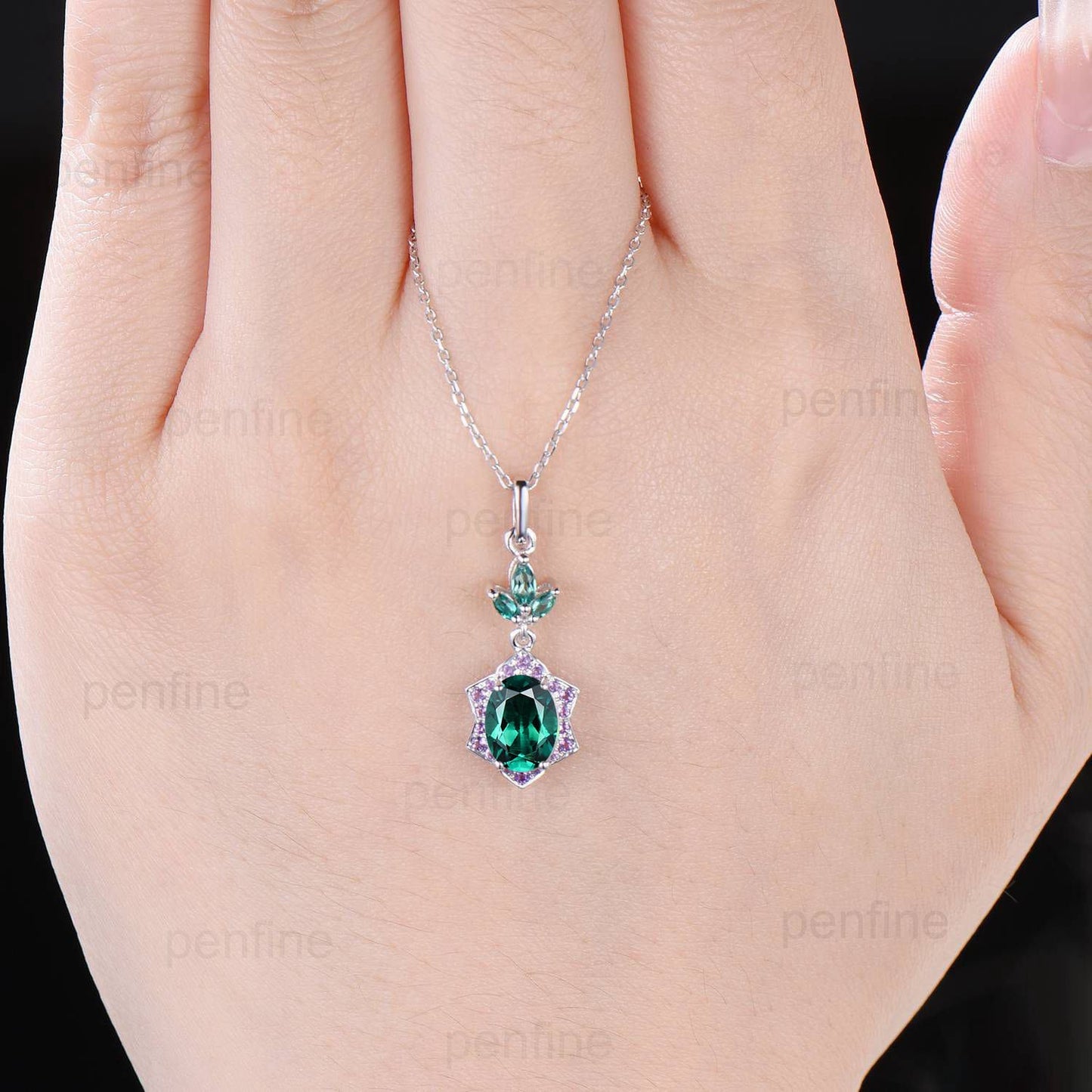 Vintage Oval Emerald Pendant necklace Retro Halo purple amethyst marquise lab emerald necklace for women handmade anniversary gift for mom - PENFINE