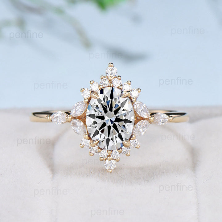 Vintage 1.5 Carat VVS-D Oval Lab Grown Diamond Engagement Ring Halo Diamond Certificate Engagement Ring Unique Marquise Diamond Wedding Gift - PENFINE