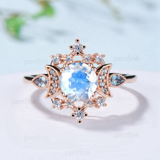 Unique Moonstone Engagement Ring Fancy Crescent Moon Alexandrite Wedding Ring Women Galaxy Star Rainbow Blue Anniversary Ring Gift for Women - PENFINE
