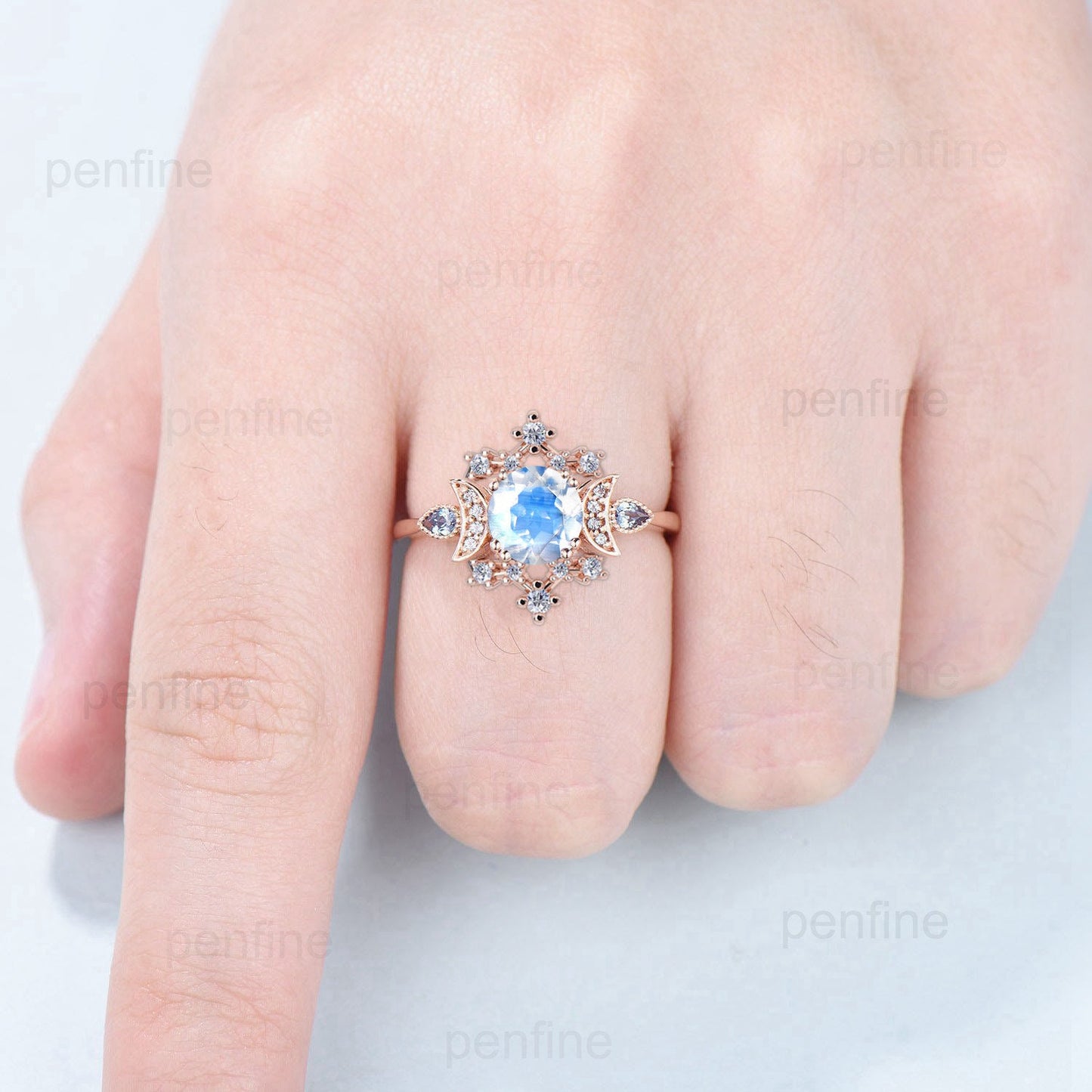 Unique Moonstone Engagement Ring Fancy Crescent Moon Alexandrite Wedding Ring Women Galaxy Star Rainbow Blue Anniversary Ring Gift for Women - PENFINE