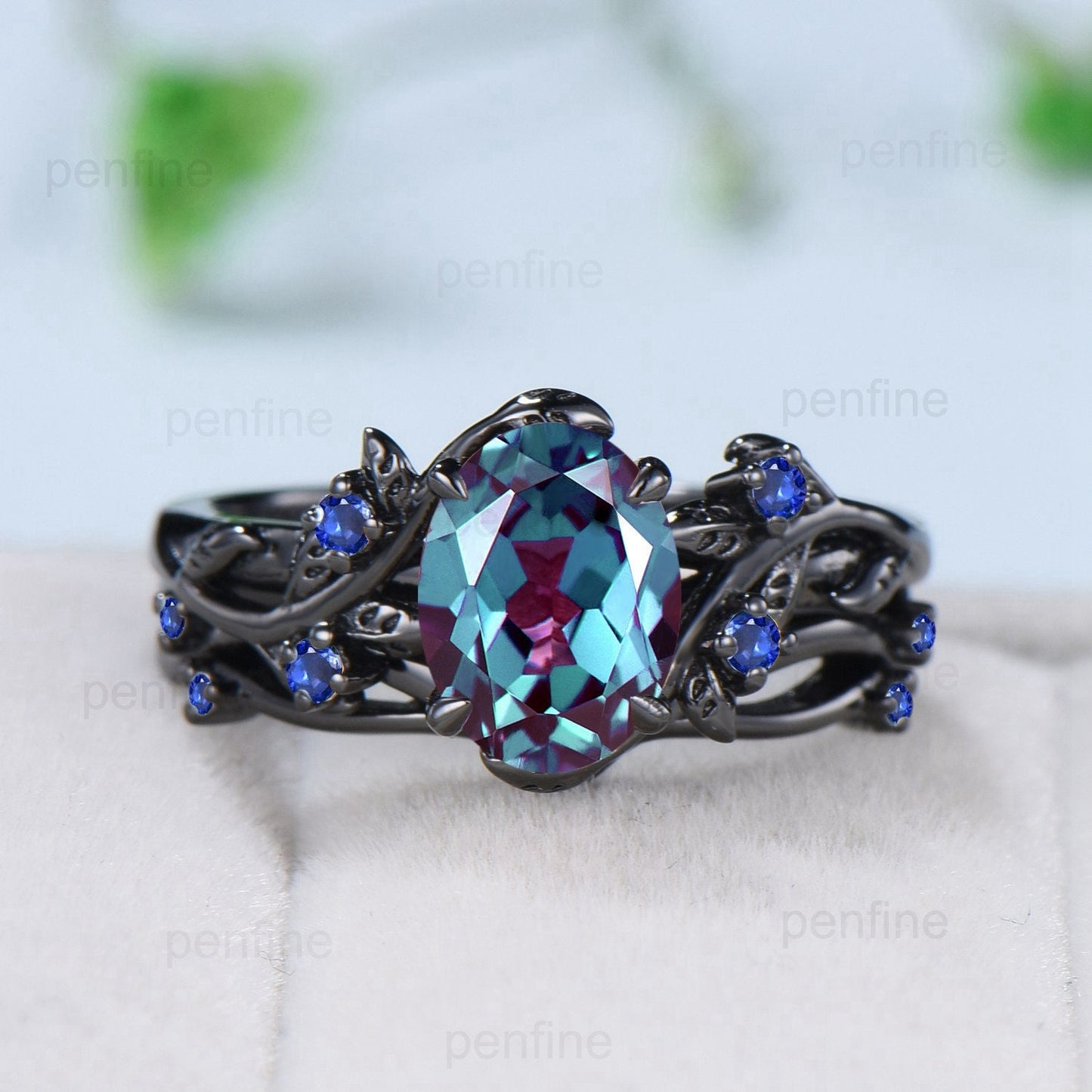 Nature Inspired Leaf alexandrite ring set black gold branch twig color change engagement ring unique sapphire wedding ring set for women - PENFINE