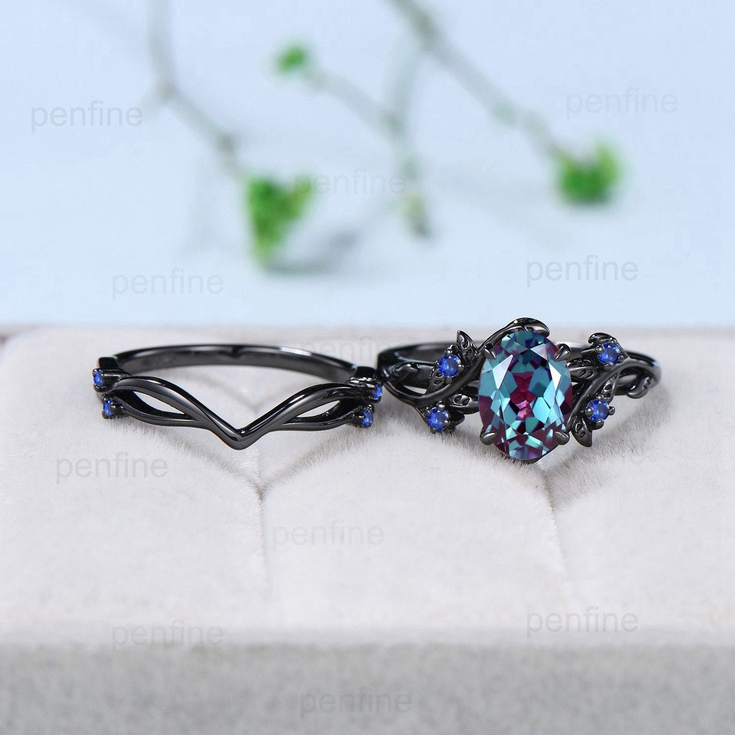 Nature Inspired Leaf alexandrite ring set black gold branch twig color change engagement ring unique sapphire wedding ring set for women - PENFINE