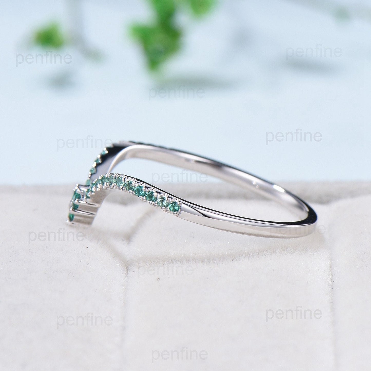 Vintage Emerald Wedding Band Deep Curved V lab emerald wedding ring Retro half eternity olivia 14k white gold Stacking matching band for mon - PENFINE