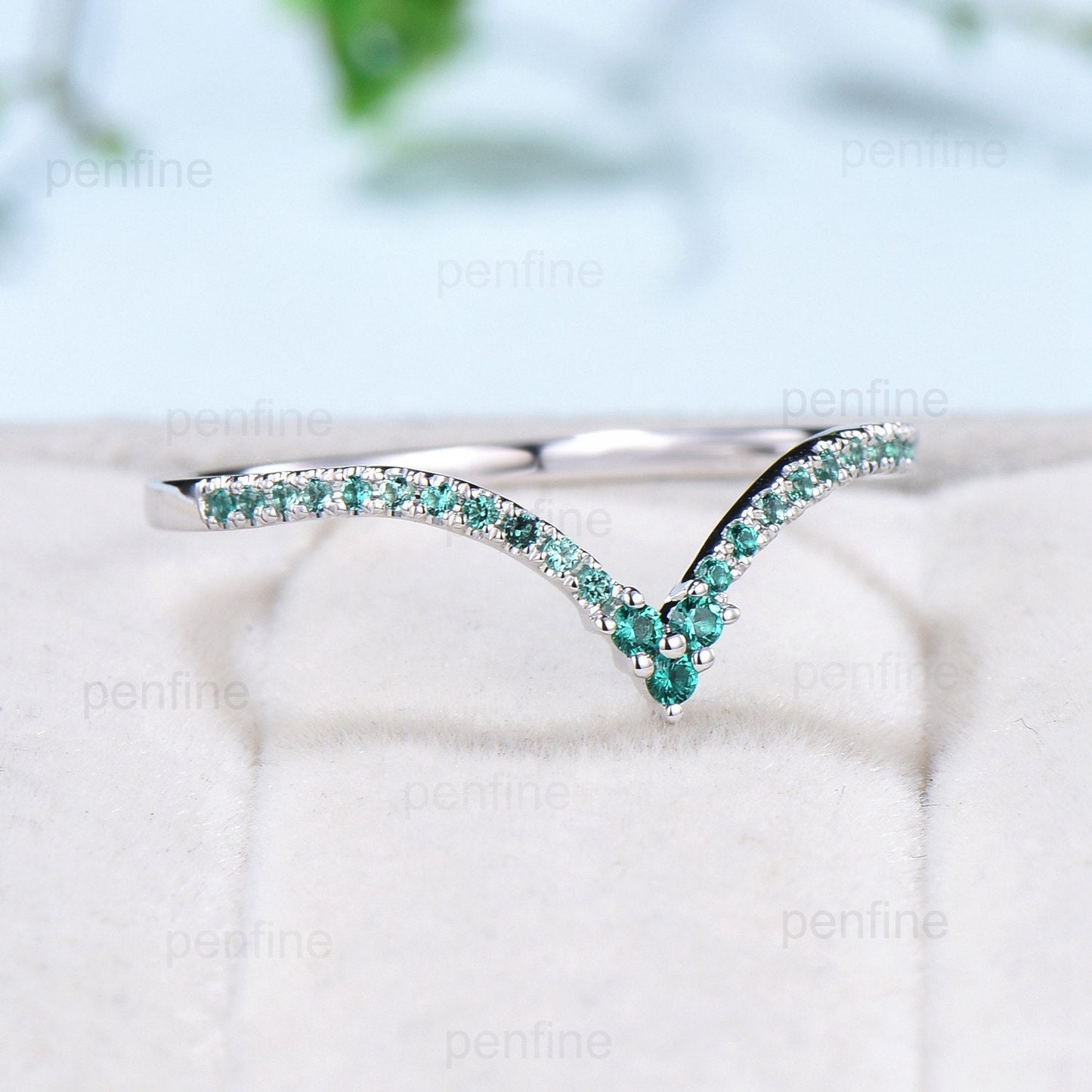 Vintage Emerald Wedding Band Deep Curved V lab emerald wedding ring Retro half eternity olivia 14k white gold Stacking matching band for mon - PENFINE