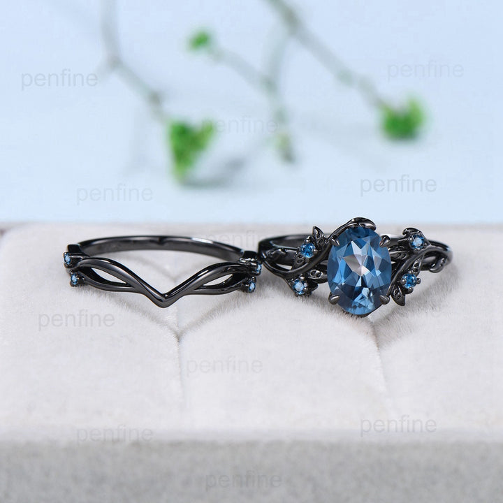 Unique black gold London blue topaz ring set Nature Inspired topaz engagement ring vintage cluster November birthstone Leaf bridal set women - PENFINE