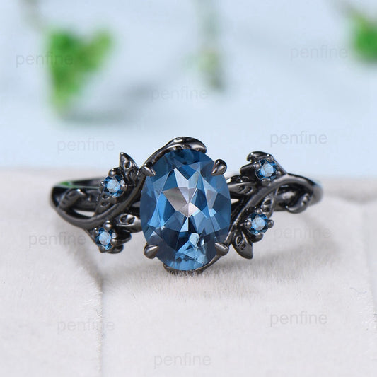 Unique black gold London blue topaz ring set Nature Inspired topaz engagement ring vintage cluster November birthstone Leaf bridal set women - PENFINE