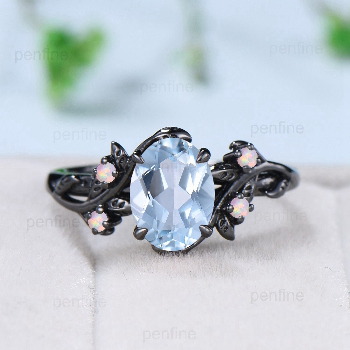 Nature inspired aquamarine engagement ring set March birthstone opal wedding set Leaf twig black gold bridal set for women anniversary gift - PENFINE