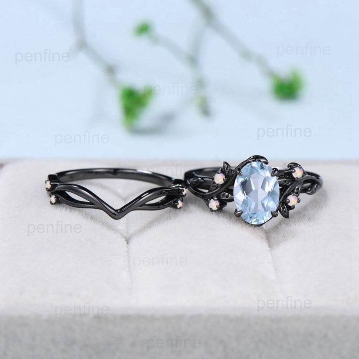 Nature inspired aquamarine engagement ring set March birthstone opal wedding set Leaf twig black gold bridal set for women anniversary gift - PENFINE