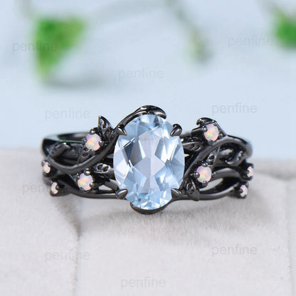 Nature inspired aquamarine engagement ring set March birthstone opal wedding set Leaf twig black gold bridal set for women anniversary gift - PENFINE