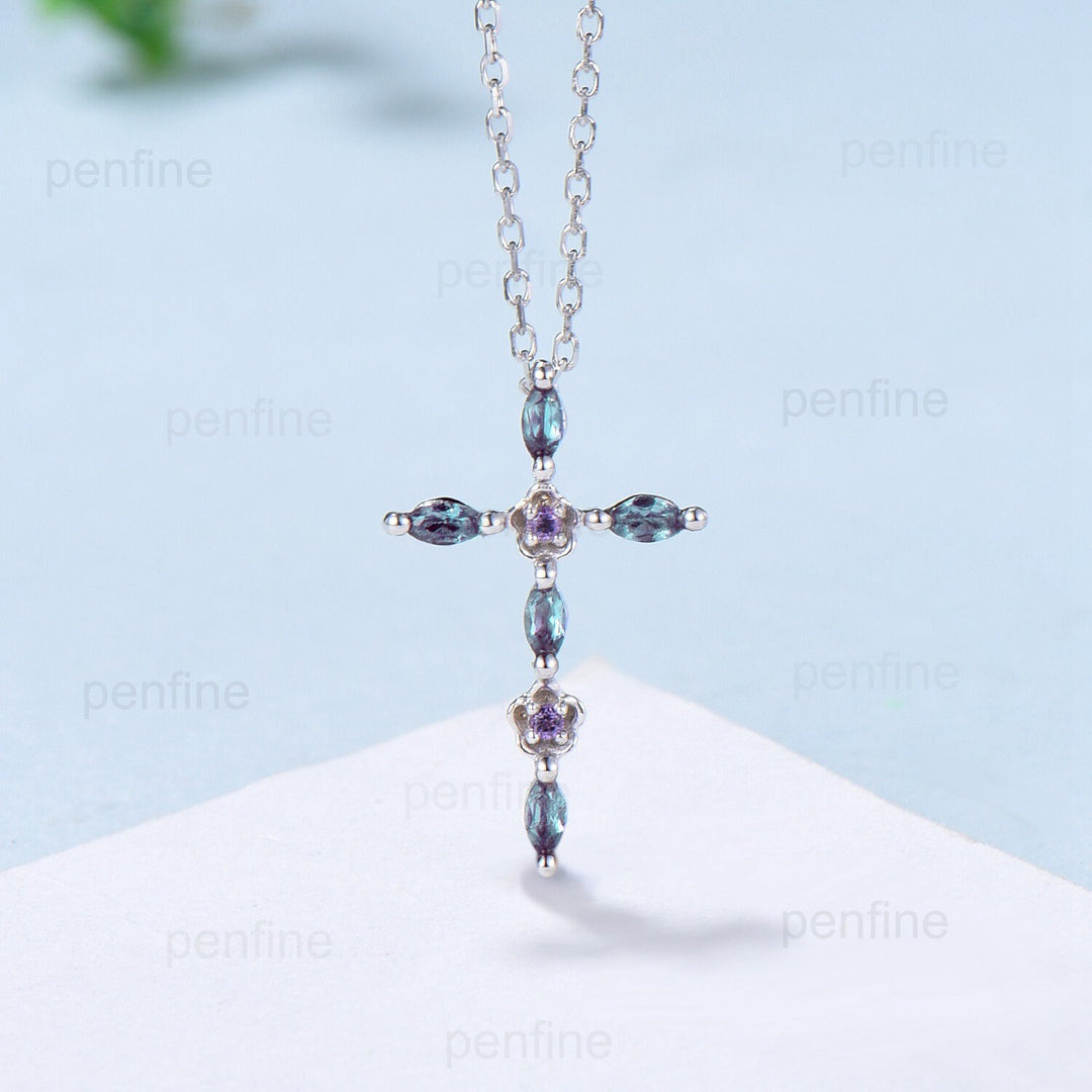 Cross Pendant Necklace Alexandrite Flower Amethyst Necklace Cross Jesus Retro Vintage Cross Pendant White Gold Anniversary gift for women - PENFINE