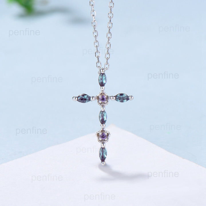 Cross Pendant Necklace Alexandrite Flower Amethyst Necklace Cross Jesus Retro Vintage Cross Pendant White Gold Anniversary gift for women - PENFINE