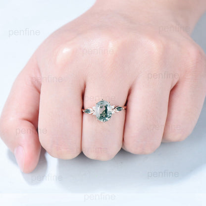 8x10mm Oval Cut Moss agate ring 3 Carat six prong green agate ring vintage 14K Rose Gold marquise agate wedding anniversary ring for women - PENFINE