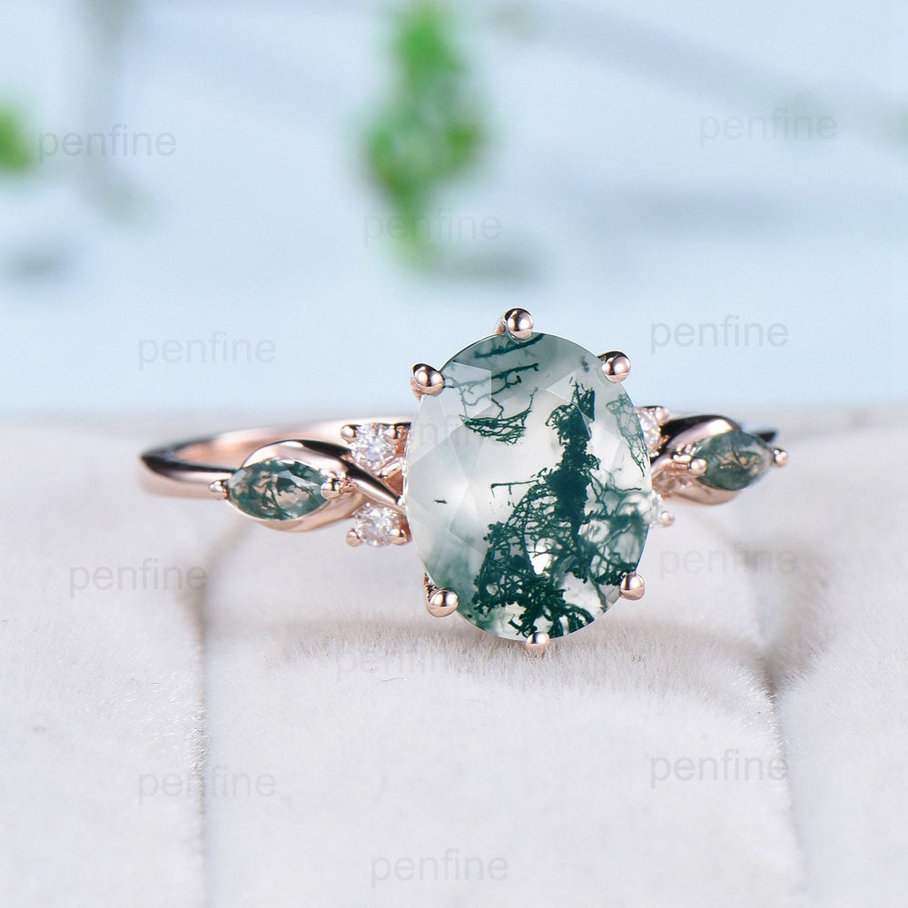 8x10mm Oval Cut Moss agate ring 3 Carat six prong green agate ring vintage 14K Rose Gold marquise agate wedding anniversary ring for women - PENFINE