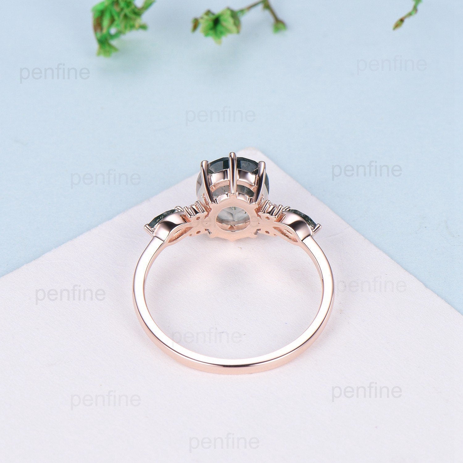 8x10mm Oval Cut Moss agate ring 3 Carat six prong green agate ring vintage 14K Rose Gold marquise agate wedding anniversary ring for women - PENFINE