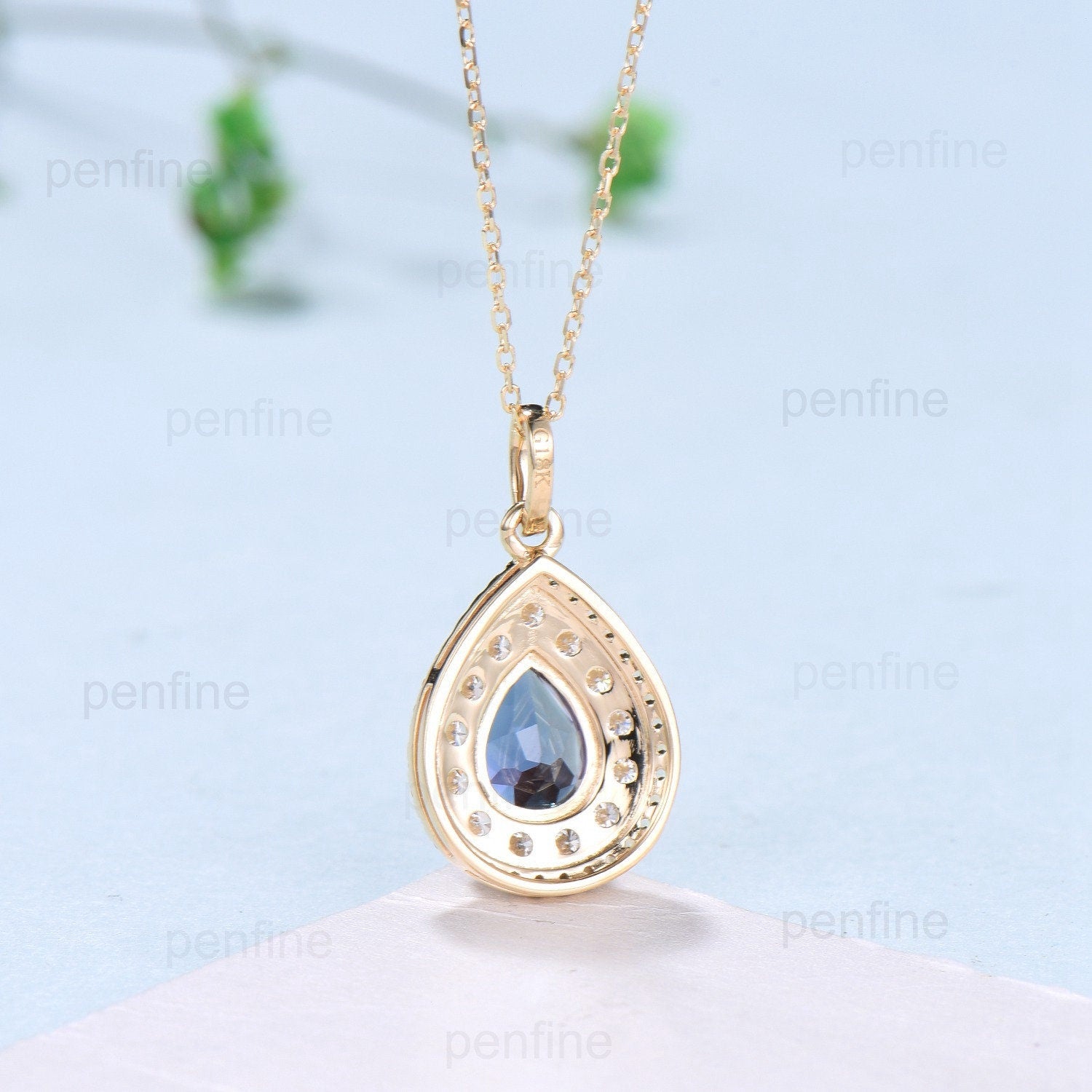 Unique Double Halo Alexandrite necklace vintage alternative  peridot citrine  pendant gold 18k yellow gold necklace engagement gift Women - PENFINE