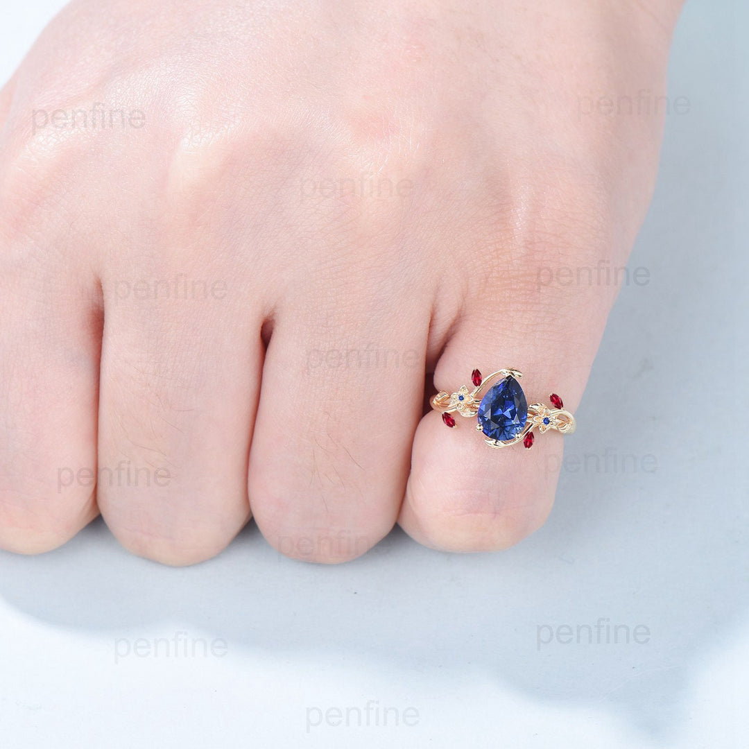 Elegant Pear Blue Sapphire Nature Inspired Engagement Ring Flower Marquise Ruby Wedding Ring Lab Sapphire Branch Leaf Vine Promise Ring - PENFINE