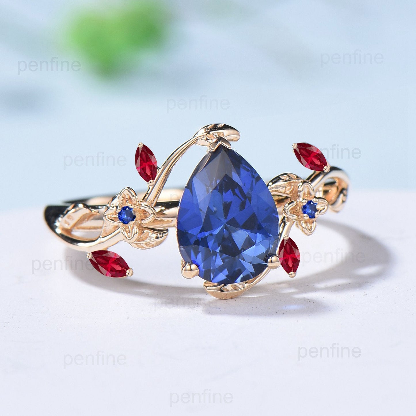 Elegant Pear Blue Sapphire Nature Inspired Engagement Ring Flower Marquise Ruby Wedding Ring Lab Sapphire Branch Leaf Vine Promise Ring - PENFINE