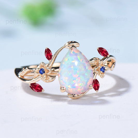 Vintage pear shaped fire opal engagement ring Nature inspired marquise ruby sapphire wedding ring elegant leaves anniversary ring for girl - PENFINE