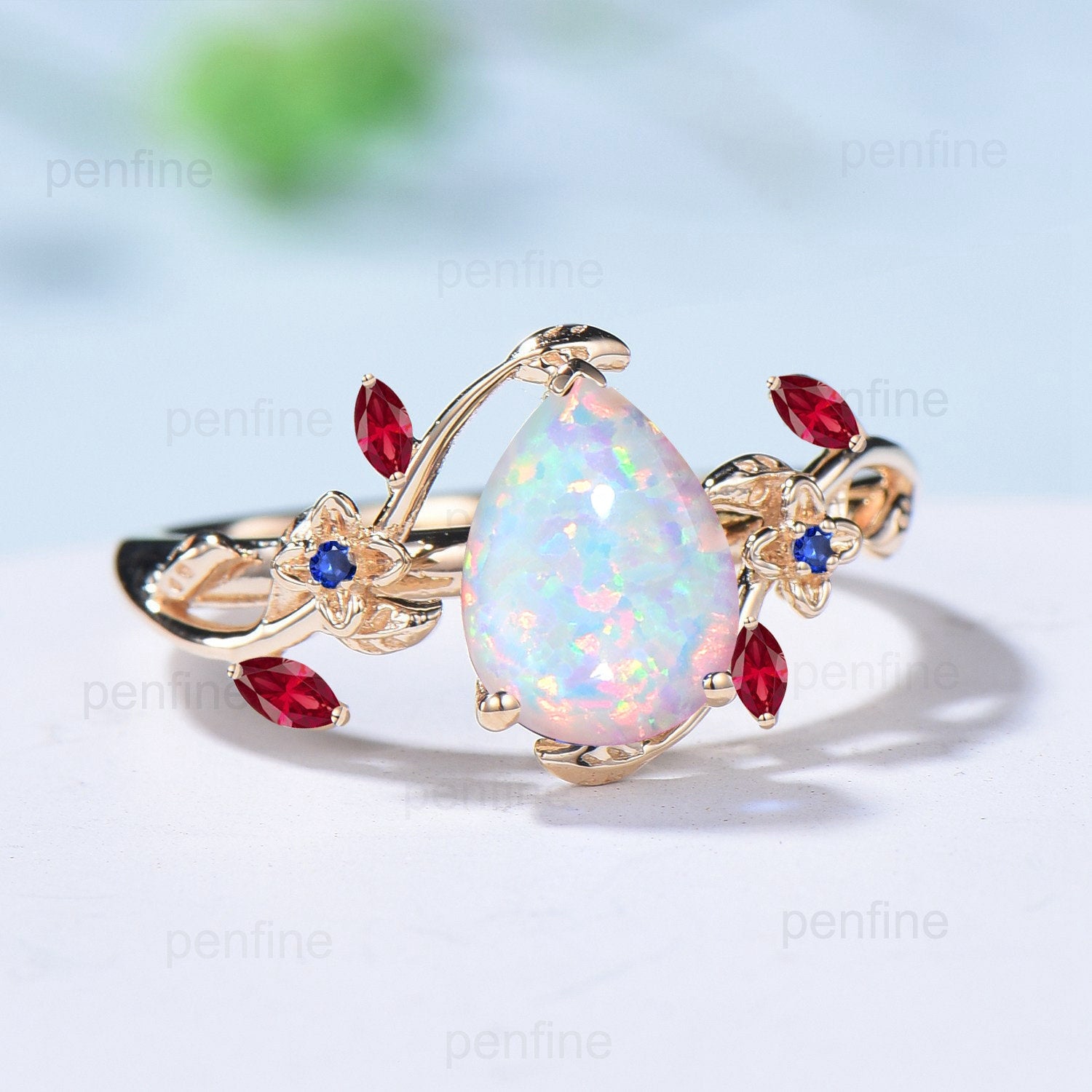 Vintage pear shaped fire opal engagement ring Nature inspired marquise ruby sapphire wedding ring  elegant leaves anniversary ring for girl - PENFINE