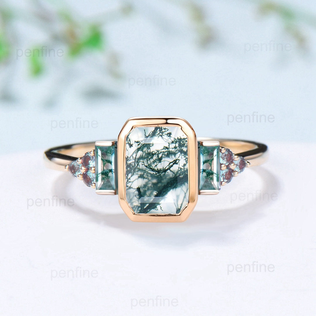 Bezel Set Emerald Cut Moss Agate  Engagement Ring Unique Baguette Aquatic Ring Alexandrite Wedding Ring 14K Yellow Gold Anniversary Ring - PENFINE