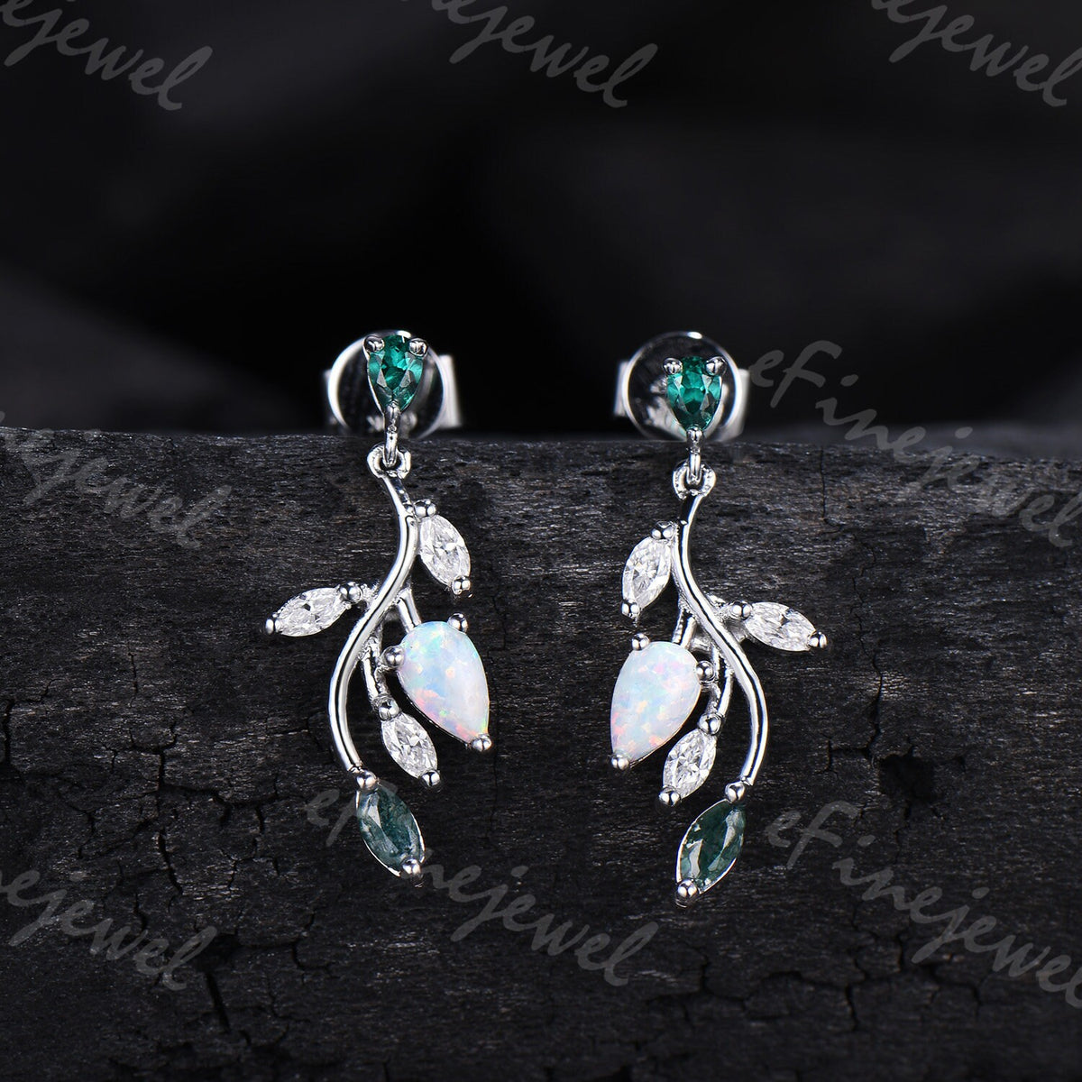 Opal Leaf Branch Drop Earrings, Emerald Moss Agate Moissanite Dangle
