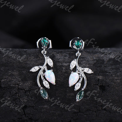 Opal Leaf Branch Drop Earrings, Emerald Moss Agate Moissanite Dangle