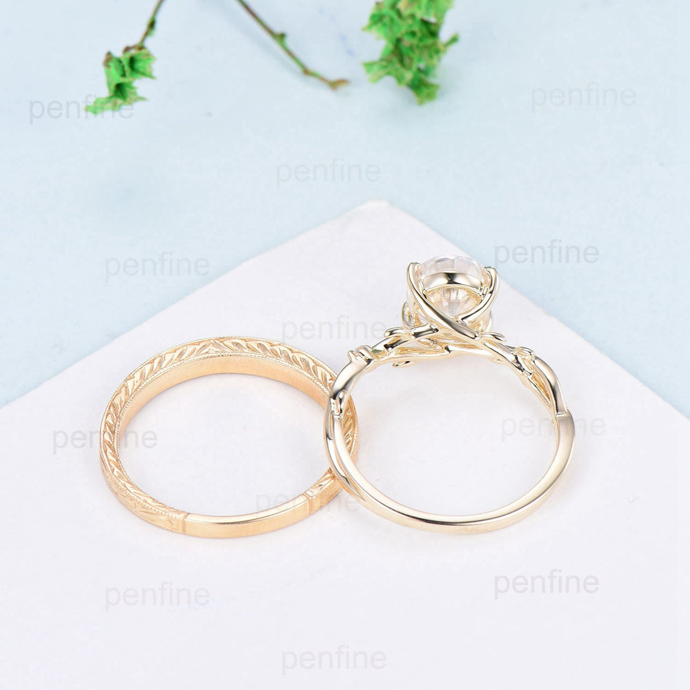 2 carat brilliant oval moissanite engagement ring set twig leaf wedding ring set unique 14k yellow gold filigree milgrain edge stacking band - PENFINE