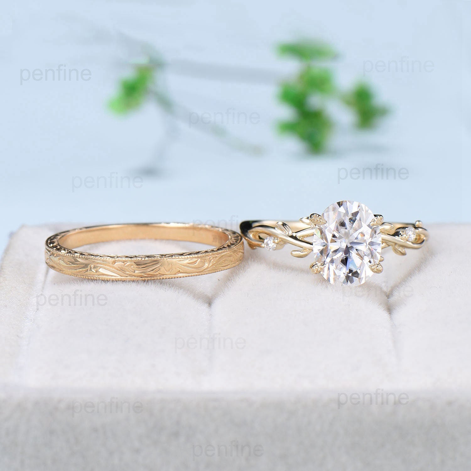 2ct Oval Simulated online Diamond Wedding Ring Set Moissanite Engagement Ring Vintage Leaf Ring Bridal Set Women Solid Gold Ring Stacking Ring 2pcs