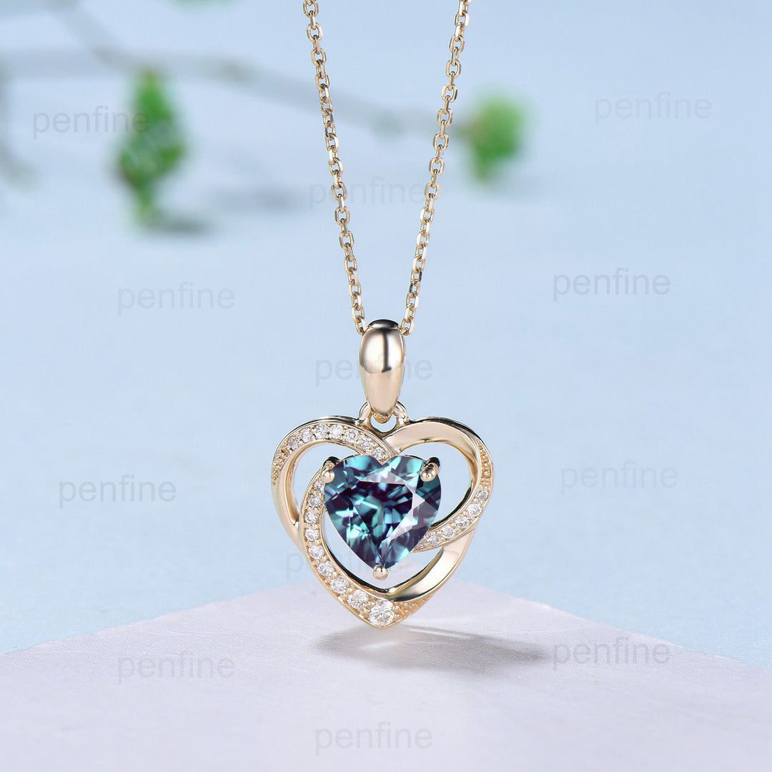 Elegant Heart Shaped Alexandrite Necklace Unique Vintage Pendant Necklace Floral Celtic love Pendant Art Deco Pendant Anniversary gift women - PENFINE