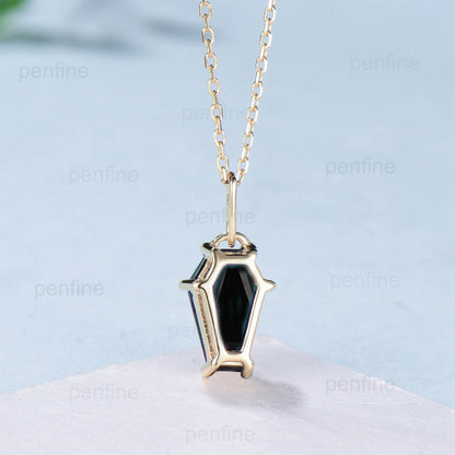 Natural Minimalist Coffin Shaped black onyx necklace solid 14k 18k rose gold U-Shaped pendant vintage unique Personalized pendant women - PENFINE